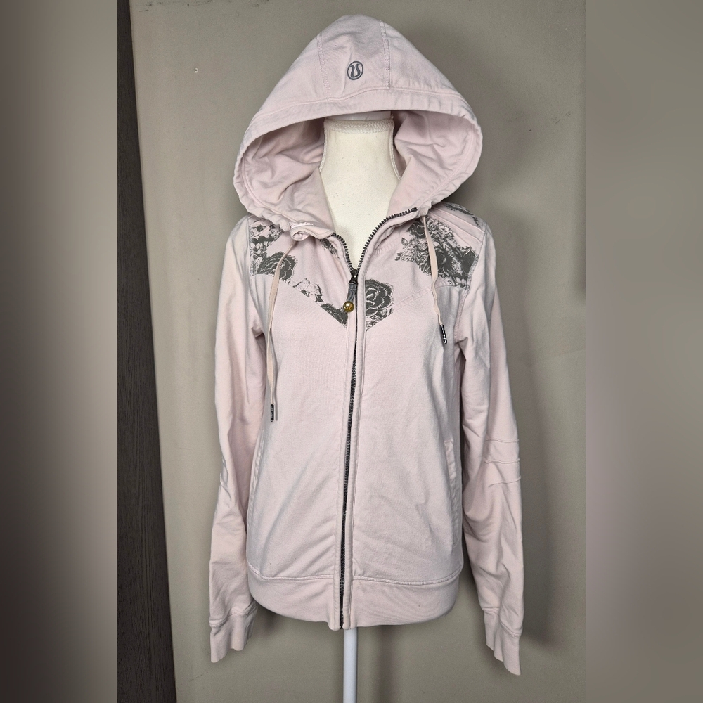 Rare Lululemon Floral Grey Roses + Pink Hoodie Zipup Sweater Womens Small/Medium